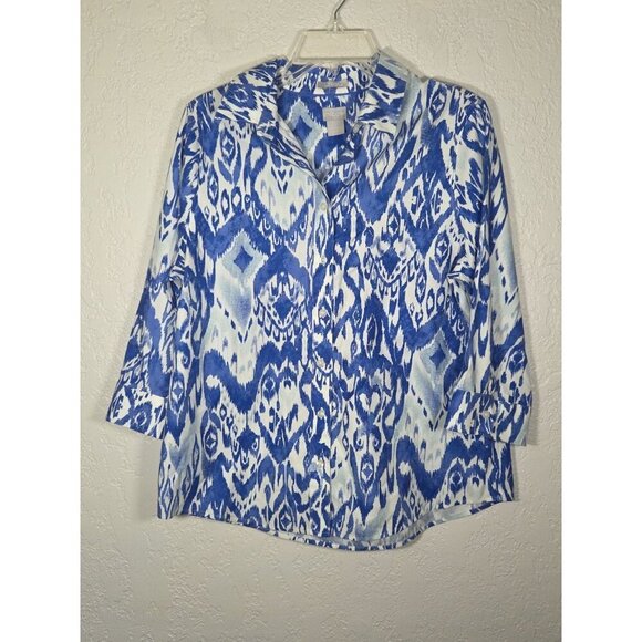 Chico’s Women’s 1 (Medium) Button Down No Iron Stretch Blue White 3/4 Sleeve - Picture 1 of 4